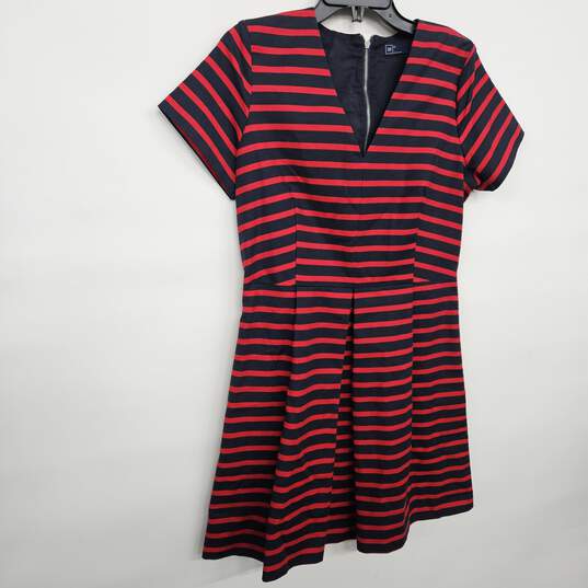 GAP Blue Red Striped V Neck Pleated Dress image number 1