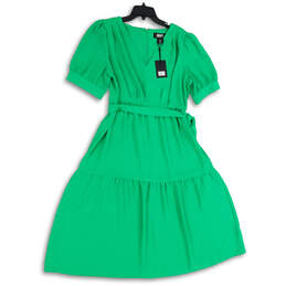 NWT Womens Green Pleated V-Neck Tie Waist Back Zip Fit & Flare Dress Sz 16