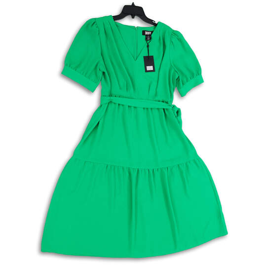 NWT Womens Green Pleated V-Neck Tie Waist Back Zip Fit & Flare Dress Sz 16 image number 1