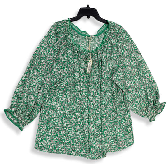 NWT Womens Green White Floral Ruffle Neck Long Sleeve Blouse Top Size 3X image number 1