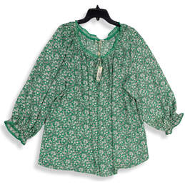 NWT Womens Green White Floral Ruffle Neck Long Sleeve Blouse Top Size 3X