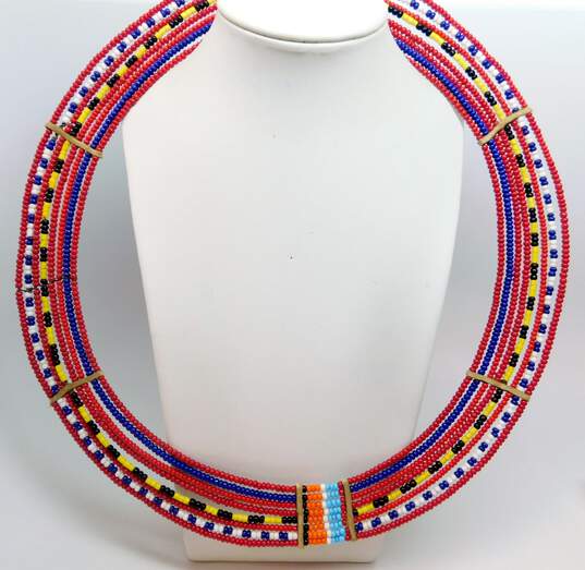 Artisan African Maasai Red Blue Yellow White & Black Large Collar Necklace image number 1