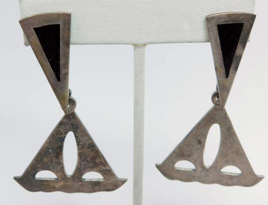 Taxco Mexico 925 Modernist Black Enamel Inlay & Cut Outs Triangles Drop Post Statement Earrings 21.3g image number 1