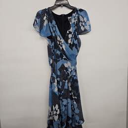 Blue Floral Print Asymmetrical Flutter Sleeve V Neck Dress
