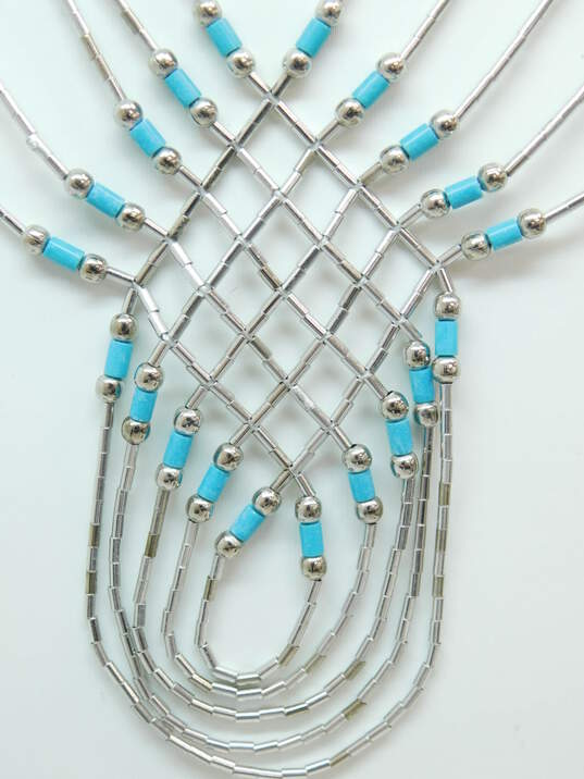 Artisan Silvertone Southwestern Style Faux Turquoise Beaded Liquid Silver Woven Pendant Multi Strand Necklace 14g image number 3