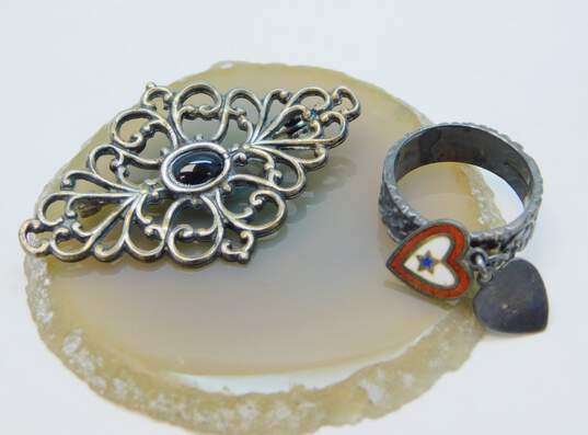 Vintage 925 Military Heart Blue Star Sweetheart Ring & Onyx Scroll Brooch 8.7g image number 1