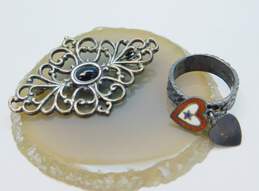 Vintage 925 Military Heart Blue Star Sweetheart Ring & Onyx Scroll Brooch 8.7g