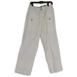 Womens White Flat Front Straight Leg Pockets Casual Cargo Pants Size 12