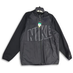 NWT Mens Black Long Sleeve Hooded Full-Zip Windbreaker Jacket Size XL