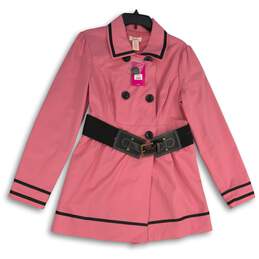 NWT Womens Pink Spread Collar Double Breasted Belted Trench Coat Size XL