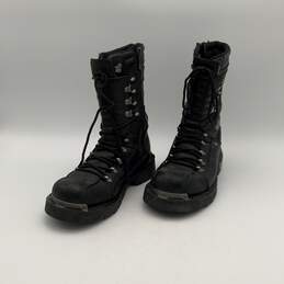 Mens Black Leather Round Toe Lace-Up Side Zipper Biker Boots Size 8.5