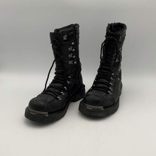 Mens Black Leather Round Toe Lace-Up Side Zipper Biker Boots Size 8.5 image number 1