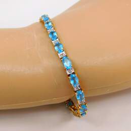 10K Yellow Gold Oval Blue Topaz Diamond Accent Tennis Bracelet 8.6g