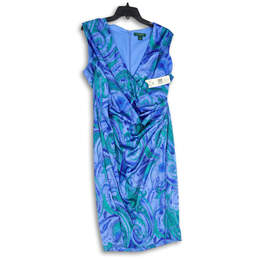 NWT Womens Blue Green Paisley Surplice Neck Back Zip Shift Dress Size 14W