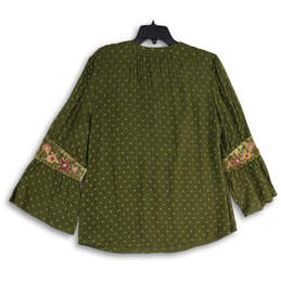 NWT Womens Green Floral Pleated Split Neck Bell Sleeve Blouse Top Size 1