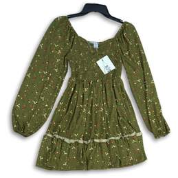 NWT Birch And Stone Womens Green Long Sleeve Smocked Ruffle Mini Dress Size S/P
