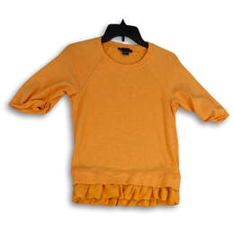 Womens Orange Round Neck 3/4 Sleeve Ruffle Hem Pullover Blouse Top Size S