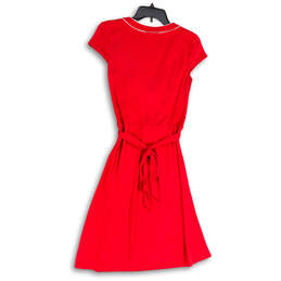 Womens Red V-Neck Tie Waist Back Cap Sleeve Fit & Flare Dress Size 10 alternative image