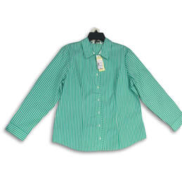 NWT Womens Green White Striped Collared Long Sleeve Button-Up Shirt Size L