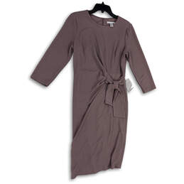 NWT Womens Purple Long Sleeve Tie Waist Back Zip Sheath Dress Size 12
