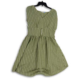 NWT Womens Green Striped V-Neck Knee Length Fit & Flare Dress Size Large