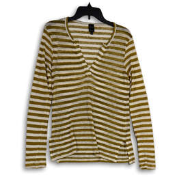 Womens White Gold Striped Long Sleeve Side Slit Pullover T-Shirt Size M
