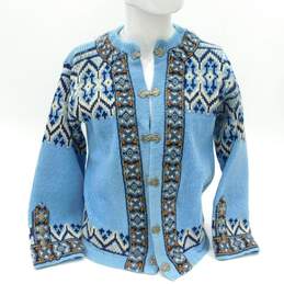 VNTG 60s North Cape Knut & Knut Ltd Women Blue Pattern Wool Sweater Metal Clasp