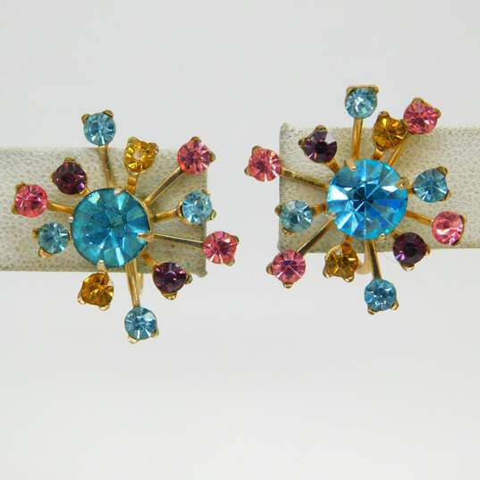 Vintage Coro Colorful Icy Rhinestone & Gold Tone Screw-Back Earrings 5.9g image number 2