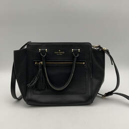 Womens Black Leather Tassel Outer Pockets Adjustable Strap Satchel Bag