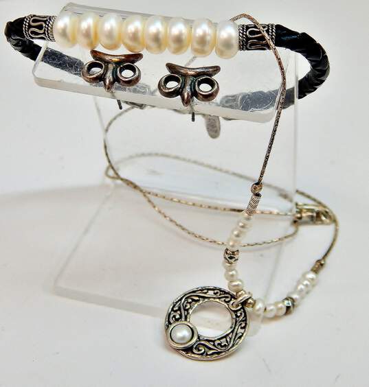 Didae 925 Pearl Scrolls Pendant Necklace Post Earrings Pearls Bead Cord Bracelet image number 8