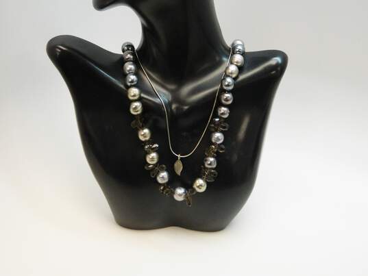 Carolee & Artisan 925 Grey Faux Pearls & Faceted Smoky Quartz Beaded & Leaf Pendant Snake Chain Necklaces 64.2g image number 1