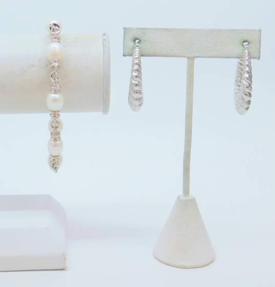 Contemporary 925 White Pearls Unique Linked Toggle Bracelet & Puffed Ridged Oblong Hoop Earrings 24.6g image number 1