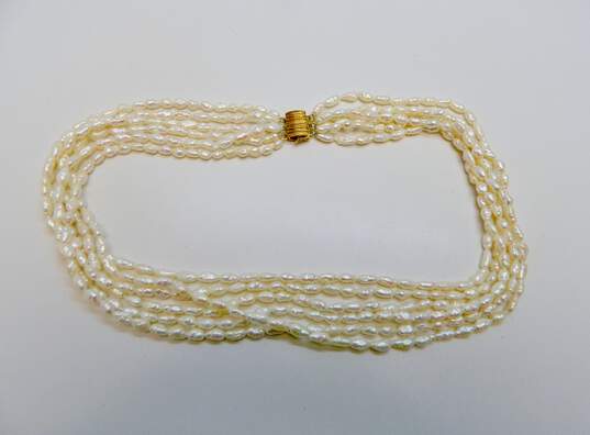 Romantic 14k Yellow Gold 6 Strand Pearl Necklace 41.0g image number 3