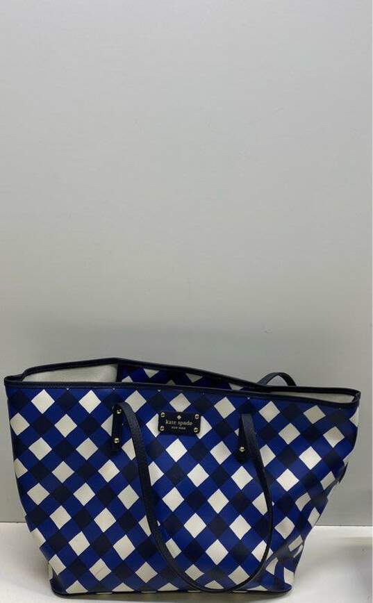 Kate Spade Blue/White Harmony Gingham Checkered Tote Bag image number 1
