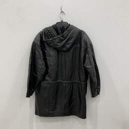 Womens Black Leather Pockets Long Sleeve Full Zip Hooded Jacket Size Small alternative image