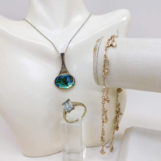 Artisan 925 Abalone Shell Pendant Necklace Aqua Faceted Ring & Puffed Dolphin & Heart Charms Chain Anklet 13g image number 1
