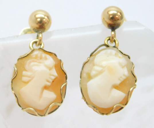 14K Yellow Gold Carved Shell Cameo Dangle Earrings 1.5g image number 3