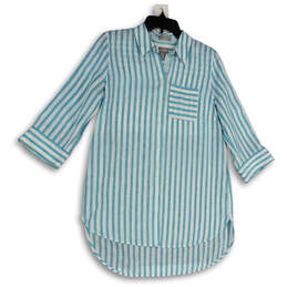Womens Blue White Striped 3/4 Sleeve Hi-Low Hem Button-Up Shirt Size 0