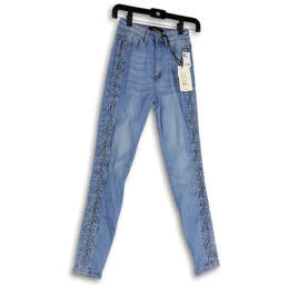 NWT Womens Blue Denim Lace Stretch Pockets Skinny Leg Jeans Size 1-24