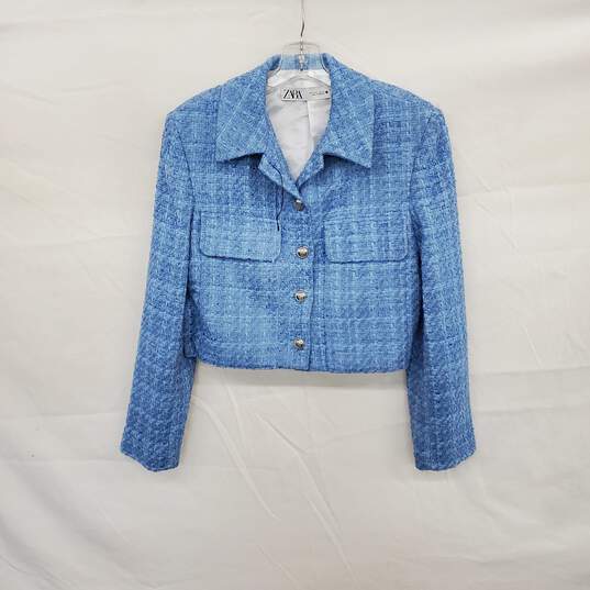 Zara Blue Knit Cropped Blazer Jacket WM Size S NWOT image number 1