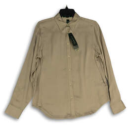 NWT Womens Beige Spread Collar Long Sleeve Button-Up Shirt Size Medium