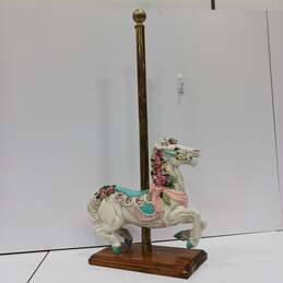 Porcelain Carousel Pony Figure on 42-Inch Pole and Wooden Stand