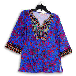 Womens Multicolor Tamuri Floral Beaded 3/4 Sleeve Pullover Tunic Top Sz PXS