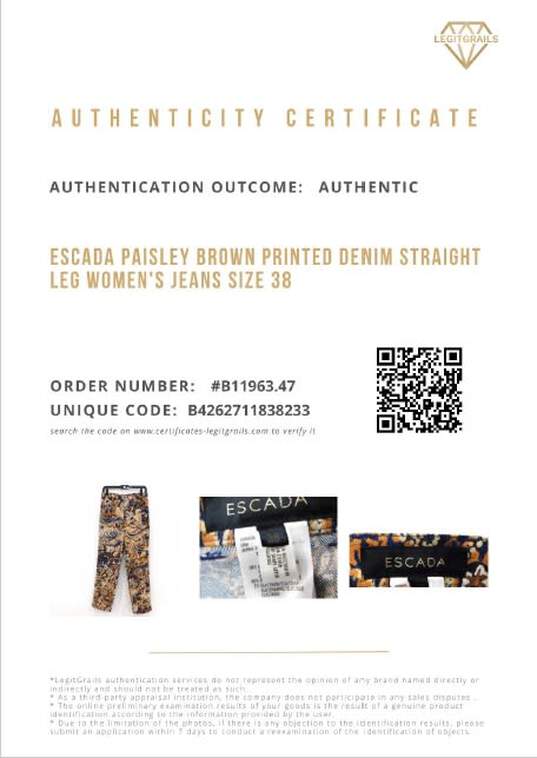 Escada Paisley Brown Printed Denim Straight Leg Women's Pants Size 38 with COA image number 16