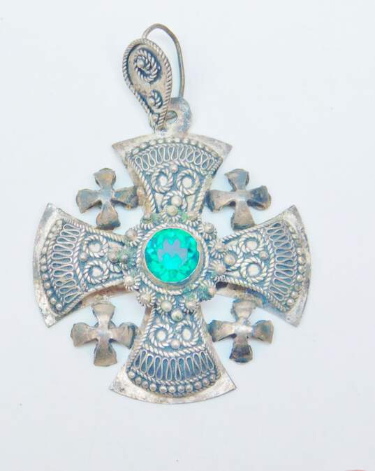 Vintage 950 Silver Green Rhinestone Filigree Jerusalem Cross Pendant 19.7g image number 2