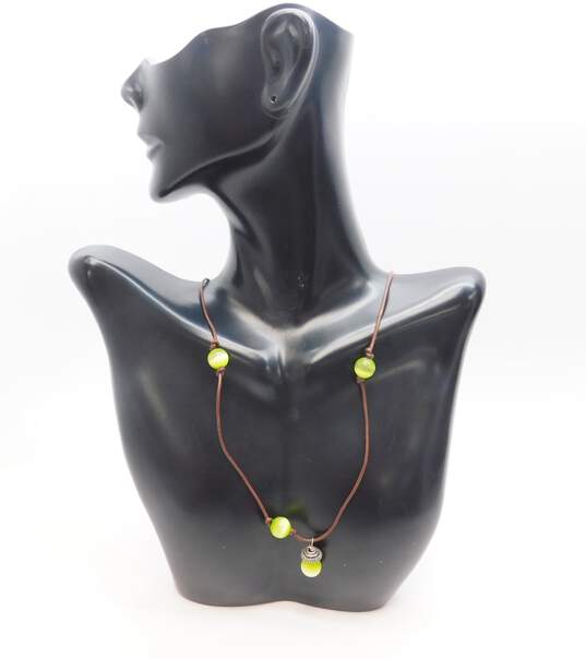 Artisan 925 Green Cats Eye Ball Pendant Beaded Cord Necklace Nested Circles Drop Earrings & Lattice Puffed Bangle Bracelet 22.6g image number 4