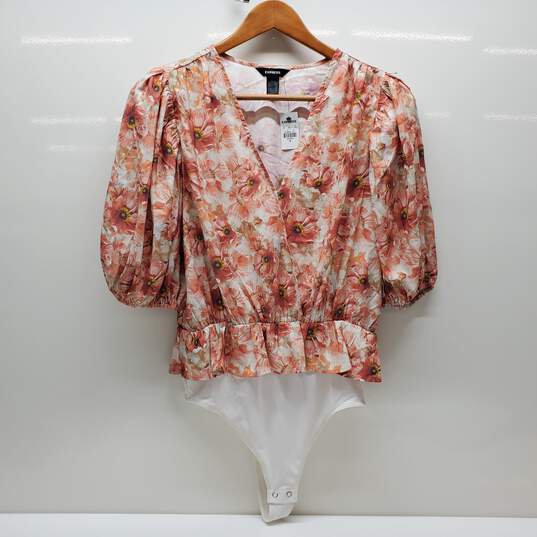 Buy the Express Women's Satin Floral Print Faux Wrap Peplum Thong Bodysuit  Sz M
