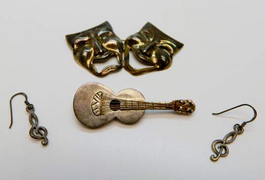 Mexico & Artisan 925 Guitar Instrument & Drama Happy & Sad Masks Brooches & Music Note Drop Earrings 15.7g image number 1