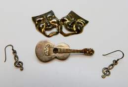 Mexico & Artisan 925 Guitar Instrument & Drama Happy & Sad Masks Brooches & Music Note Drop Earrings 15.7g