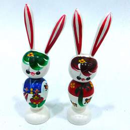 Vintage Kokeshi Wooden Hand Painted Bunny Rabbit Bobblehead Dolls